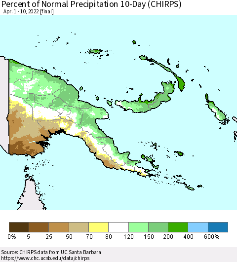 Papua New Guinea Percent of Normal Precipitation 10-Day (CHIRPS) Thematic Map For 4/1/2022 - 4/10/2022
