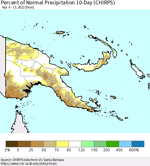 Papua New Guinea Percent of Normal Precipitation 10-Day (CHIRPS) Thematic Map For 4/6/2022 - 4/15/2022