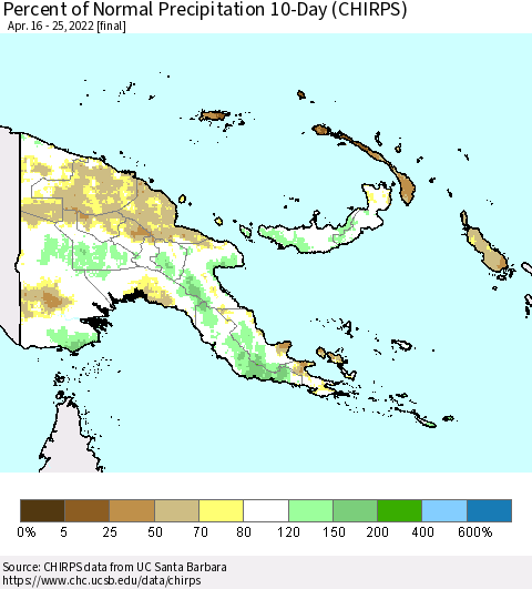 Papua New Guinea Percent of Normal Precipitation 10-Day (CHIRPS) Thematic Map For 4/16/2022 - 4/25/2022