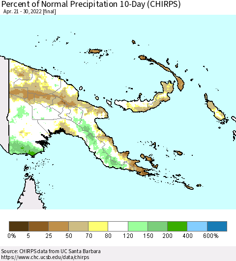 Papua New Guinea Percent of Normal Precipitation 10-Day (CHIRPS) Thematic Map For 4/21/2022 - 4/30/2022