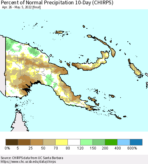Papua New Guinea Percent of Normal Precipitation 10-Day (CHIRPS) Thematic Map For 4/26/2022 - 5/5/2022
