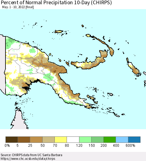 Papua New Guinea Percent of Normal Precipitation 10-Day (CHIRPS) Thematic Map For 5/1/2022 - 5/10/2022