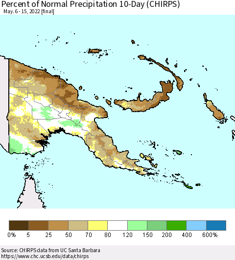 Papua New Guinea Percent of Normal Precipitation 10-Day (CHIRPS) Thematic Map For 5/6/2022 - 5/15/2022