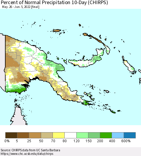 Papua New Guinea Percent of Normal Precipitation 10-Day (CHIRPS) Thematic Map For 5/26/2022 - 6/5/2022