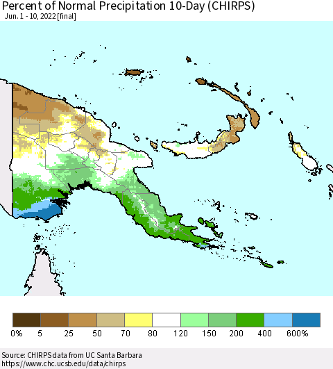 Papua New Guinea Percent of Normal Precipitation 10-Day (CHIRPS) Thematic Map For 6/1/2022 - 6/10/2022