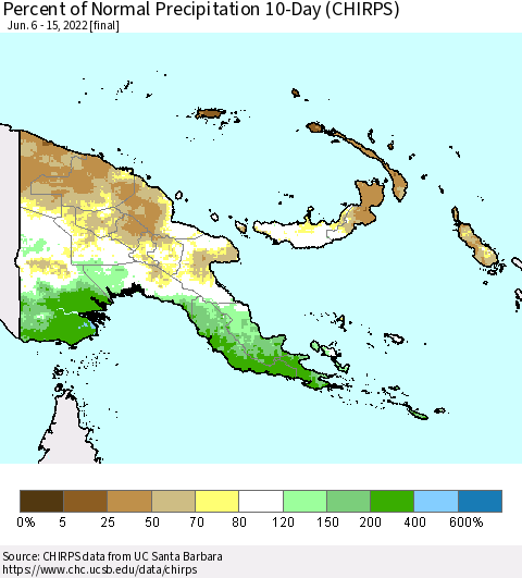 Papua New Guinea Percent of Normal Precipitation 10-Day (CHIRPS) Thematic Map For 6/6/2022 - 6/15/2022