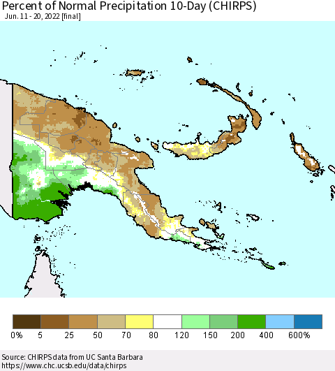 Papua New Guinea Percent of Normal Precipitation 10-Day (CHIRPS) Thematic Map For 6/11/2022 - 6/20/2022