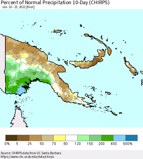 Papua New Guinea Percent of Normal Precipitation 10-Day (CHIRPS) Thematic Map For 6/16/2022 - 6/25/2022