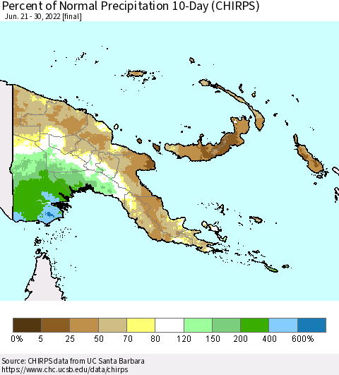 Papua New Guinea Percent of Normal Precipitation 10-Day (CHIRPS) Thematic Map For 6/21/2022 - 6/30/2022