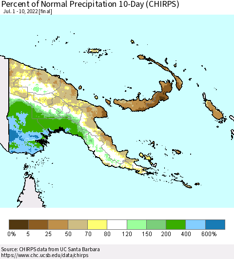 Papua New Guinea Percent of Normal Precipitation 10-Day (CHIRPS) Thematic Map For 7/1/2022 - 7/10/2022