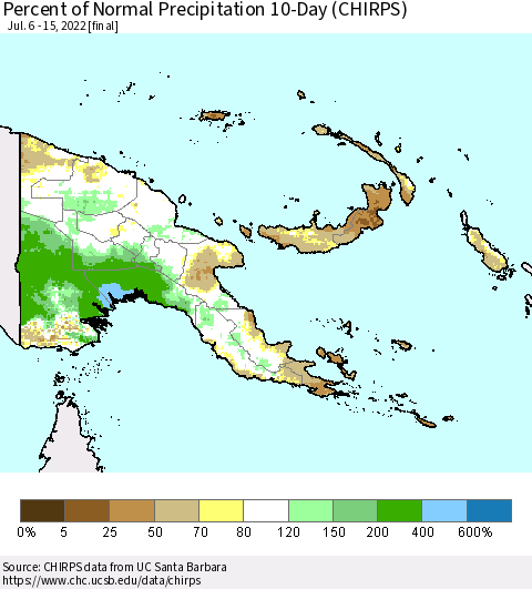 Papua New Guinea Percent of Normal Precipitation 10-Day (CHIRPS) Thematic Map For 7/6/2022 - 7/15/2022
