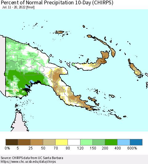 Papua New Guinea Percent of Normal Precipitation 10-Day (CHIRPS) Thematic Map For 7/11/2022 - 7/20/2022