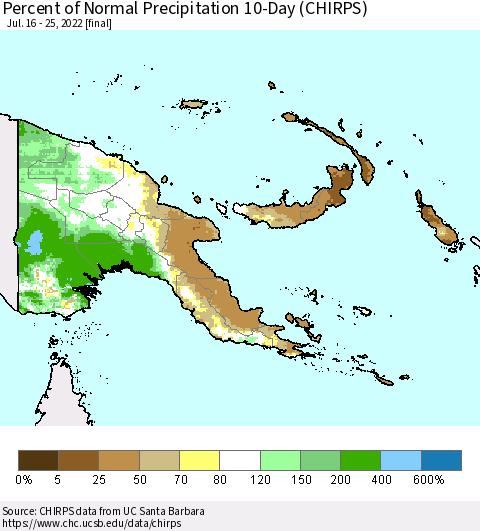 Papua New Guinea Percent of Normal Precipitation 10-Day (CHIRPS) Thematic Map For 7/16/2022 - 7/25/2022