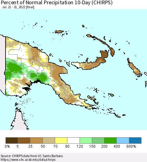 Papua New Guinea Percent of Normal Precipitation 10-Day (CHIRPS) Thematic Map For 7/21/2022 - 7/31/2022