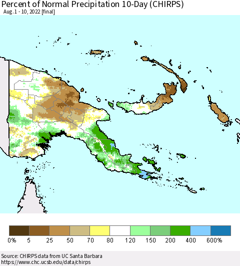 Papua New Guinea Percent of Normal Precipitation 10-Day (CHIRPS) Thematic Map For 8/1/2022 - 8/10/2022