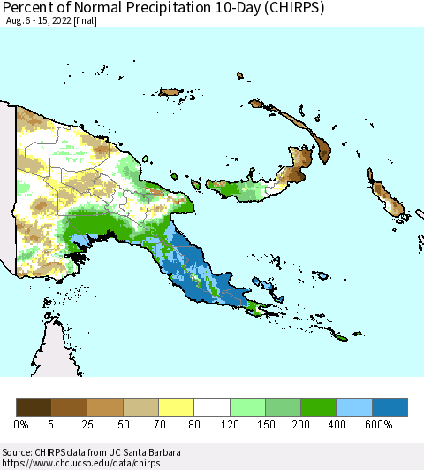 Papua New Guinea Percent of Normal Precipitation 10-Day (CHIRPS) Thematic Map For 8/6/2022 - 8/15/2022