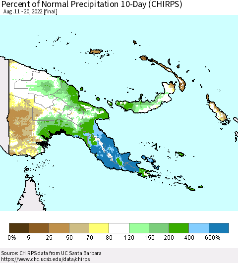 Papua New Guinea Percent of Normal Precipitation 10-Day (CHIRPS) Thematic Map For 8/11/2022 - 8/20/2022