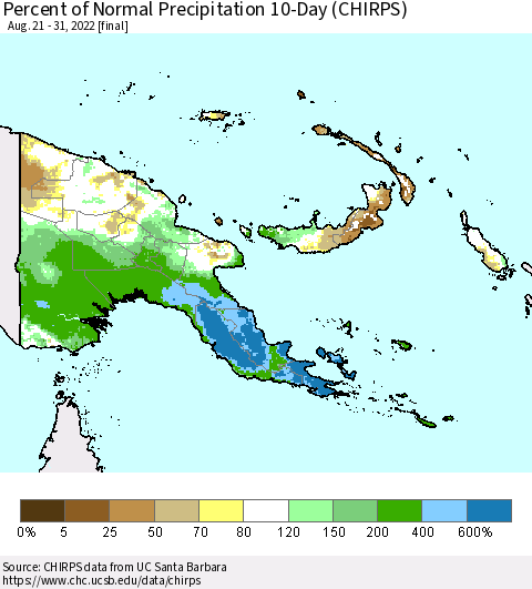 Papua New Guinea Percent of Normal Precipitation 10-Day (CHIRPS) Thematic Map For 8/21/2022 - 8/31/2022