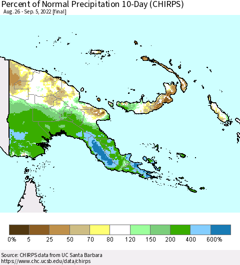 Papua New Guinea Percent of Normal Precipitation 10-Day (CHIRPS) Thematic Map For 8/26/2022 - 9/5/2022
