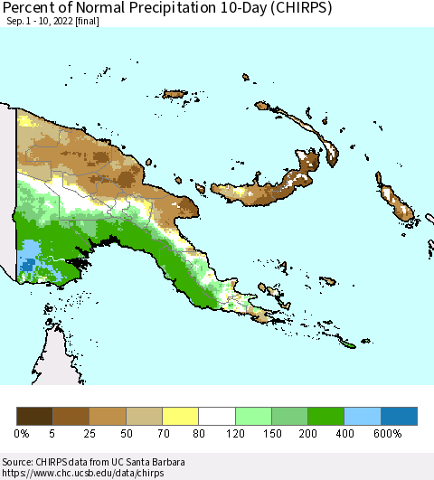 Papua New Guinea Percent of Normal Precipitation 10-Day (CHIRPS) Thematic Map For 9/1/2022 - 9/10/2022