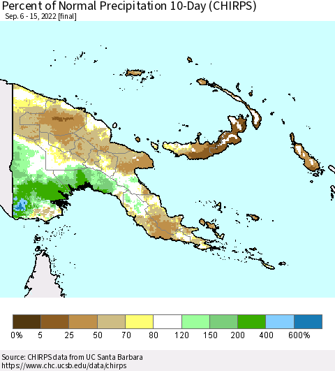 Papua New Guinea Percent of Normal Precipitation 10-Day (CHIRPS) Thematic Map For 9/6/2022 - 9/15/2022
