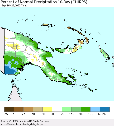 Papua New Guinea Percent of Normal Precipitation 10-Day (CHIRPS) Thematic Map For 9/16/2022 - 9/25/2022