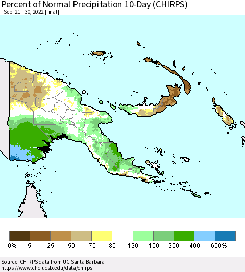 Papua New Guinea Percent of Normal Precipitation 10-Day (CHIRPS) Thematic Map For 9/21/2022 - 9/30/2022