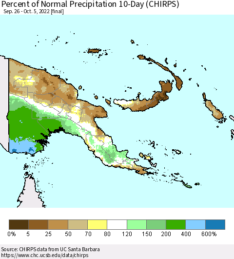 Papua New Guinea Percent of Normal Precipitation 10-Day (CHIRPS) Thematic Map For 9/26/2022 - 10/5/2022