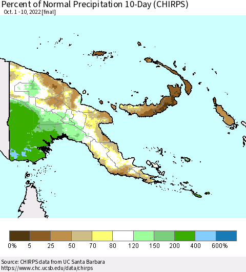 Papua New Guinea Percent of Normal Precipitation 10-Day (CHIRPS) Thematic Map For 10/1/2022 - 10/10/2022
