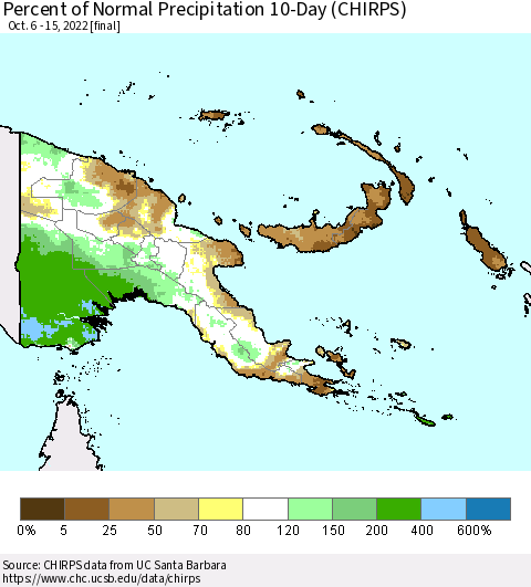 Papua New Guinea Percent of Normal Precipitation 10-Day (CHIRPS) Thematic Map For 10/6/2022 - 10/15/2022