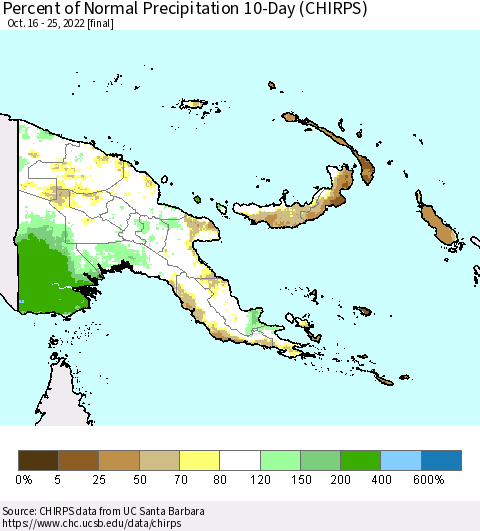 Papua New Guinea Percent of Normal Precipitation 10-Day (CHIRPS) Thematic Map For 10/16/2022 - 10/25/2022