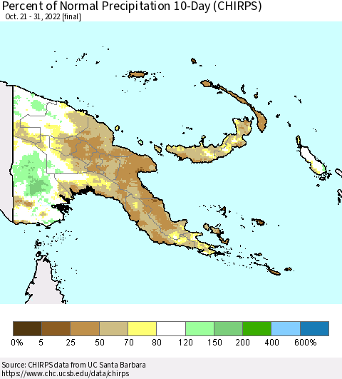 Papua New Guinea Percent of Normal Precipitation 10-Day (CHIRPS) Thematic Map For 10/21/2022 - 10/31/2022