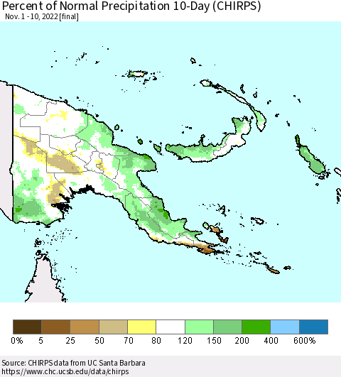 Papua New Guinea Percent of Normal Precipitation 10-Day (CHIRPS) Thematic Map For 11/1/2022 - 11/10/2022