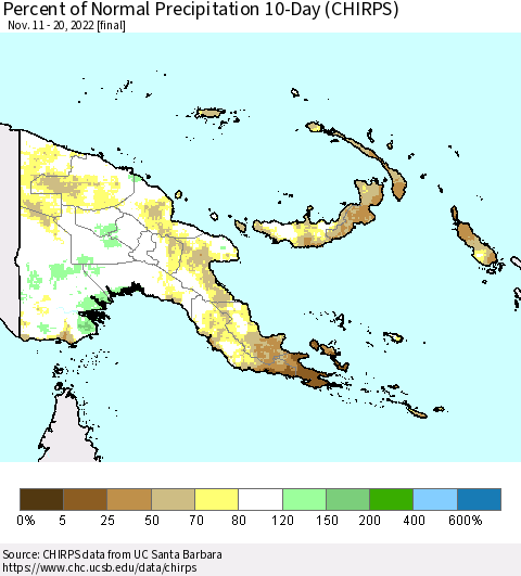 Papua New Guinea Percent of Normal Precipitation 10-Day (CHIRPS) Thematic Map For 11/11/2022 - 11/20/2022