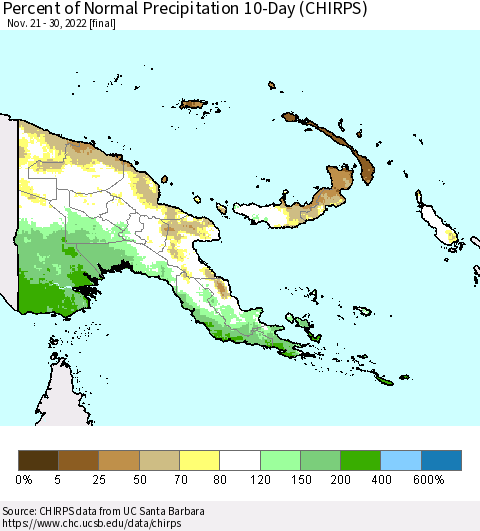 Papua New Guinea Percent of Normal Precipitation 10-Day (CHIRPS) Thematic Map For 11/21/2022 - 11/30/2022