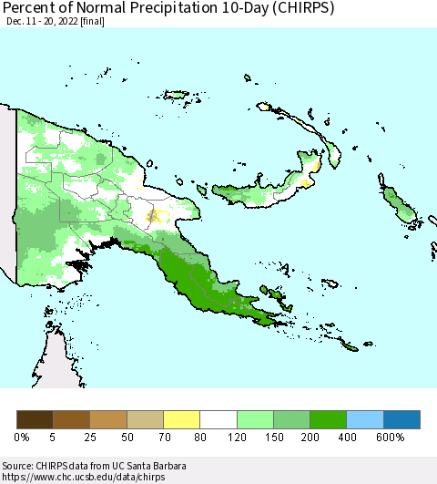 Papua New Guinea Percent of Normal Precipitation 10-Day (CHIRPS) Thematic Map For 12/11/2022 - 12/20/2022