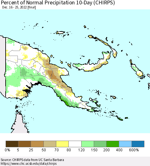 Papua New Guinea Percent of Normal Precipitation 10-Day (CHIRPS) Thematic Map For 12/16/2022 - 12/25/2022