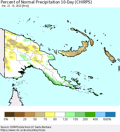 Papua New Guinea Percent of Normal Precipitation 10-Day (CHIRPS) Thematic Map For 12/21/2022 - 12/31/2022