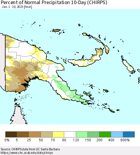 Papua New Guinea Percent of Normal Precipitation 10-Day (CHIRPS) Thematic Map For 1/1/2023 - 1/10/2023