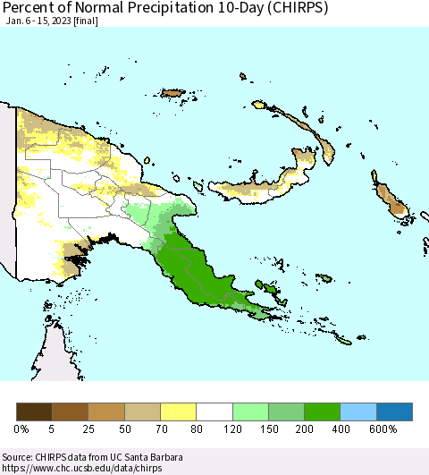 Papua New Guinea Percent of Normal Precipitation 10-Day (CHIRPS) Thematic Map For 1/6/2023 - 1/15/2023