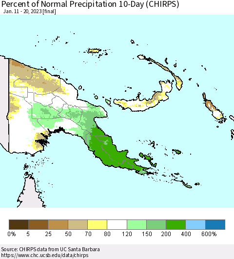Papua New Guinea Percent of Normal Precipitation 10-Day (CHIRPS) Thematic Map For 1/11/2023 - 1/20/2023