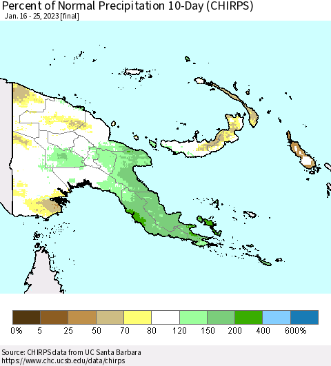 Papua New Guinea Percent of Normal Precipitation 10-Day (CHIRPS) Thematic Map For 1/16/2023 - 1/25/2023