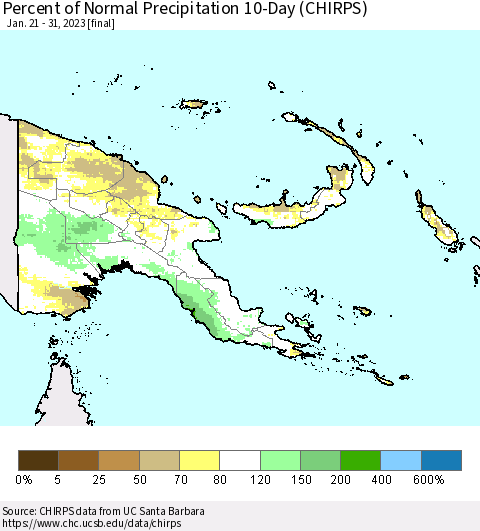Papua New Guinea Percent of Normal Precipitation 10-Day (CHIRPS) Thematic Map For 1/21/2023 - 1/31/2023