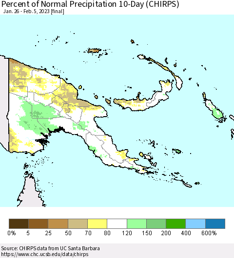 Papua New Guinea Percent of Normal Precipitation 10-Day (CHIRPS) Thematic Map For 1/26/2023 - 2/5/2023