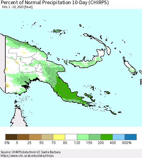 Papua New Guinea Percent of Normal Precipitation 10-Day (CHIRPS) Thematic Map For 2/1/2023 - 2/10/2023