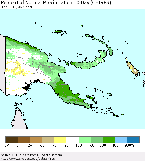 Papua New Guinea Percent of Normal Precipitation 10-Day (CHIRPS) Thematic Map For 2/6/2023 - 2/15/2023
