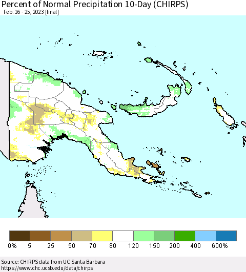 Papua New Guinea Percent of Normal Precipitation 10-Day (CHIRPS) Thematic Map For 2/16/2023 - 2/25/2023