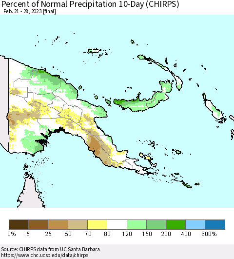 Papua New Guinea Percent of Normal Precipitation 10-Day (CHIRPS) Thematic Map For 2/21/2023 - 2/28/2023