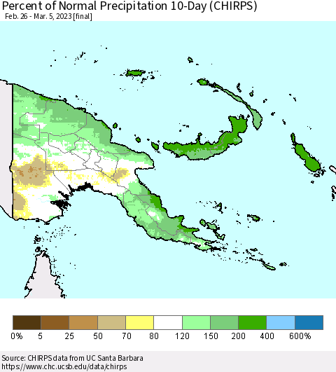 Papua New Guinea Percent of Normal Precipitation 10-Day (CHIRPS) Thematic Map For 2/26/2023 - 3/5/2023