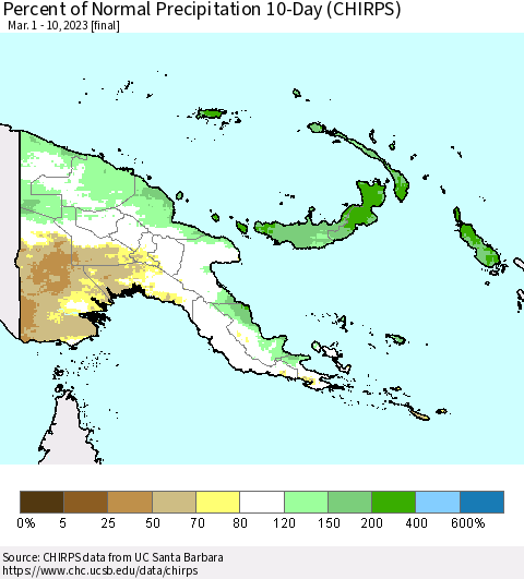 Papua New Guinea Percent of Normal Precipitation 10-Day (CHIRPS) Thematic Map For 3/1/2023 - 3/10/2023